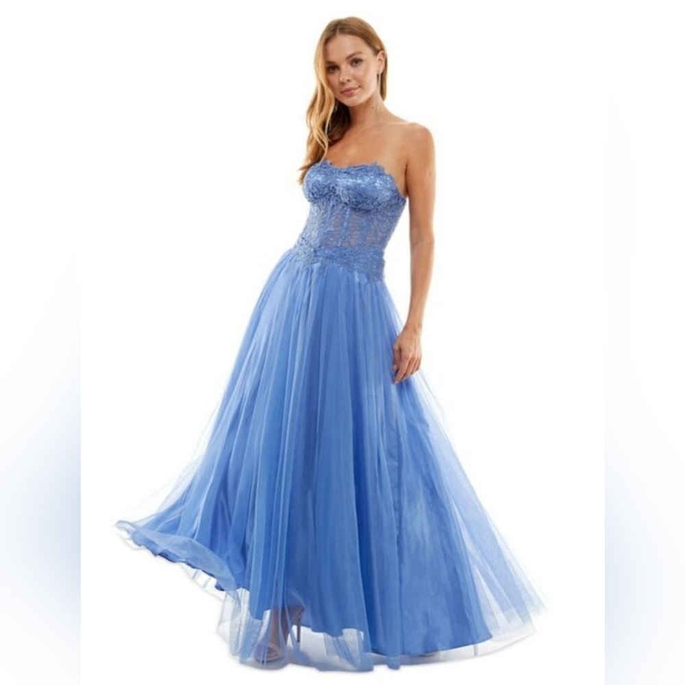 BCX DRESS Woman's Bustier Bodice Strapless Formal blue dress